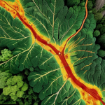 **

Prompt: A lush, vibrant Amazon rainforest canopy viewed from above, crisscrossed with drone flight paths. Heatmap overlay showing areas of deforestation risk identified by AI, with data points highlighting illegal logging activity and biodiversity hotspots. The image should evoke a sense of urgency and technological hope for conservation. Style: hyperrealistic, aerial photography, data visualization.

**