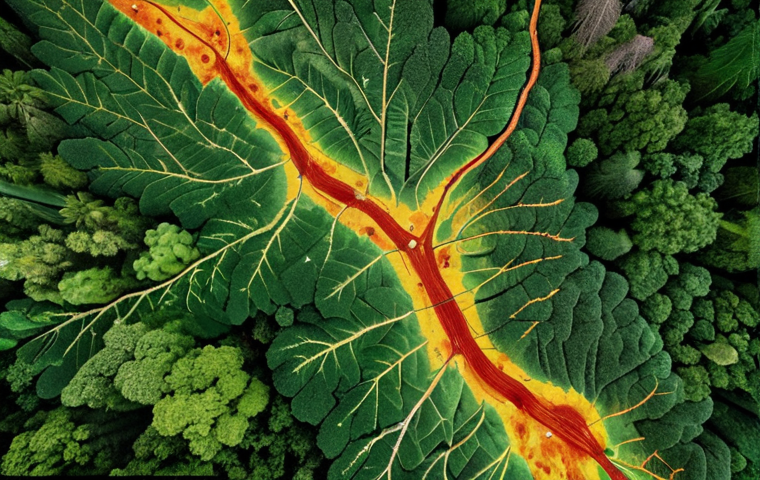 **

Prompt: A lush, vibrant Amazon rainforest canopy viewed from above, crisscrossed with drone flight paths. Heatmap overlay showing areas of deforestation risk identified by AI, with data points highlighting illegal logging activity and biodiversity hotspots. The image should evoke a sense of urgency and technological hope for conservation. Style: hyperrealistic, aerial photography, data visualization.

**