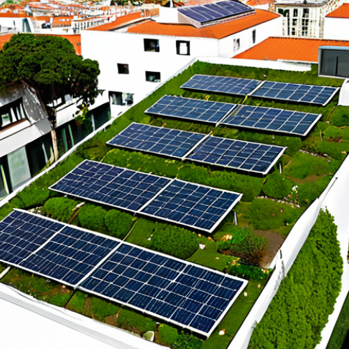 Home 18 **
"Lush green rooftop garden on a modern building in Lisbon, Portugal. Solar panels integrated into the building design. People enjoying the space. Sustainable architecture, eco-friendly, vibrant, sunny day."
**