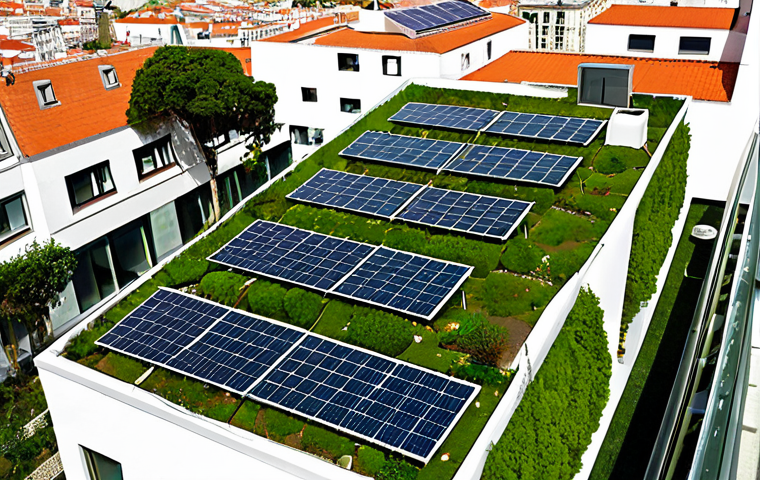 **

"Lush green rooftop garden on a modern building in Lisbon, Portugal. Solar panels integrated into the building design. People enjoying the space. Sustainable architecture, eco-friendly, vibrant, sunny day."

**