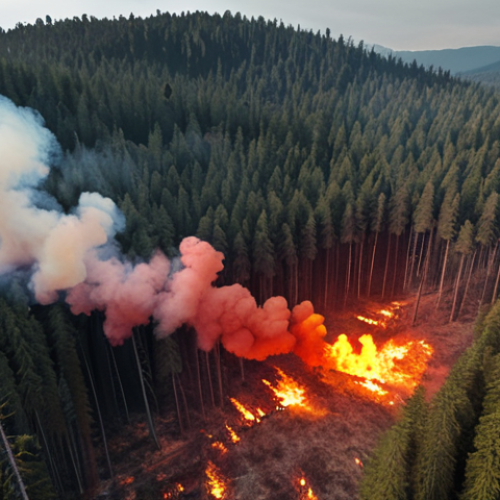 Home 17 **Prompt:** "AI-powered drones with thermal cameras monitoring a vast forest for early signs of wildfires, smoke plumes visible in the distance. Dramatic lighting, emphasizing the urgency of the situation. Incorporate data overlays and visualizations showcasing AI analysis."