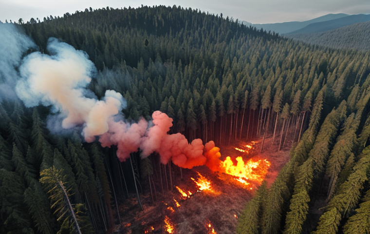 **Prompt:** "AI-powered drones with thermal cameras monitoring a vast forest for early signs of wildfires, smoke plumes visible in the distance. Dramatic lighting, emphasizing the urgency of the situation. Incorporate data overlays and visualizations showcasing AI analysis."