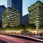"A vibrant, futuristic cityscape at dusk, showcasing smart buildings with green roofs and vertical gardens. Autonomous vehicles move smoothly along illuminated streets, while digital displays provide real-time traffic information. People are enjoying outdoor spaces, with parks and community gardens integrated into the urban environment. The overall atmosphere is one of sustainability, innovation, and harmonious living in a technologically advanced urban center."