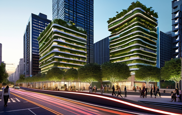 "A vibrant, futuristic cityscape at dusk, showcasing smart buildings with green roofs and vertical gardens. Autonomous vehicles move smoothly along illuminated streets, while digital displays provide real-time traffic information. People are enjoying outdoor spaces, with parks and community gardens integrated into the urban environment. The overall atmosphere is one of sustainability, innovation, and harmonious living in a technologically advanced urban center."