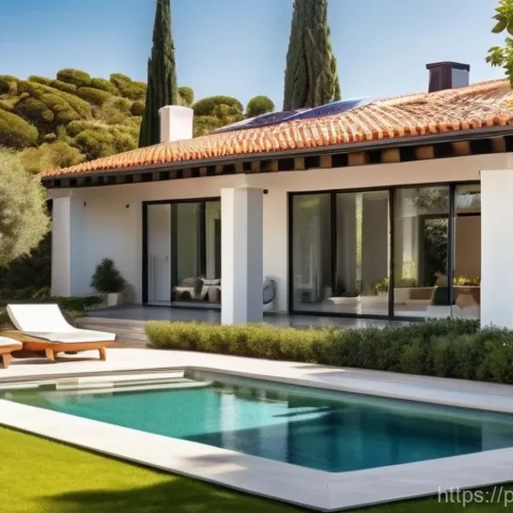 재생 가능 에너지 - **Prompt:** A serene, sun-drenched modern Portuguese villa, featuring elegant architecture with clea...