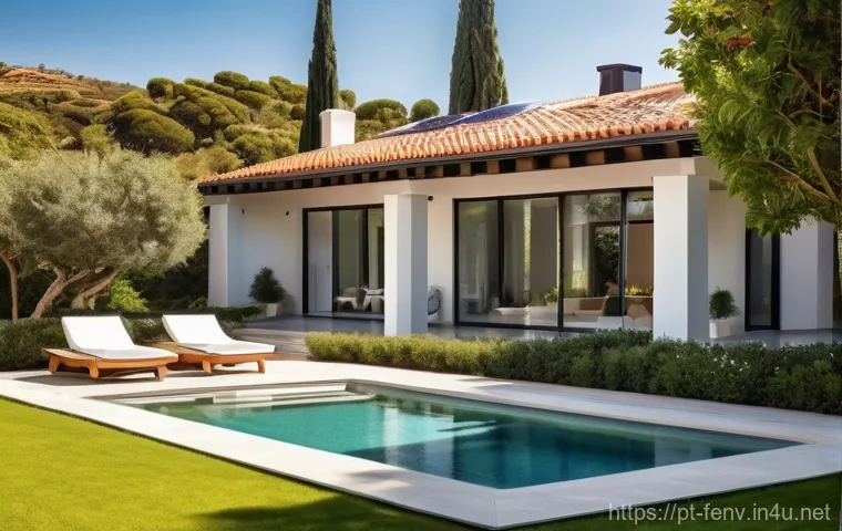 재생 가능 에너지 - **Prompt:** A serene, sun-drenched modern Portuguese villa, featuring elegant architecture with clea...