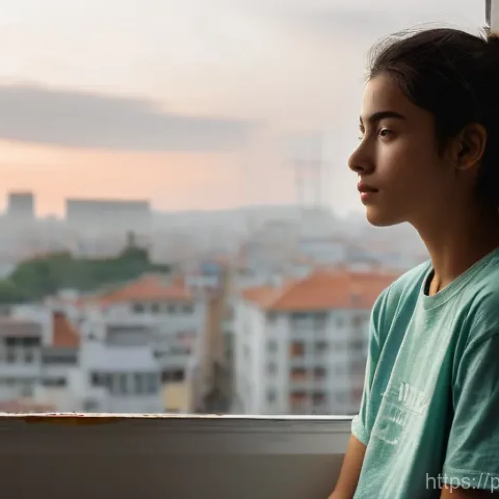 물리적 환경 변화와 심리적 영향 - **Prompt:** A young Portuguese woman, perhaps in her late teens or early twenties, sits by a window ...