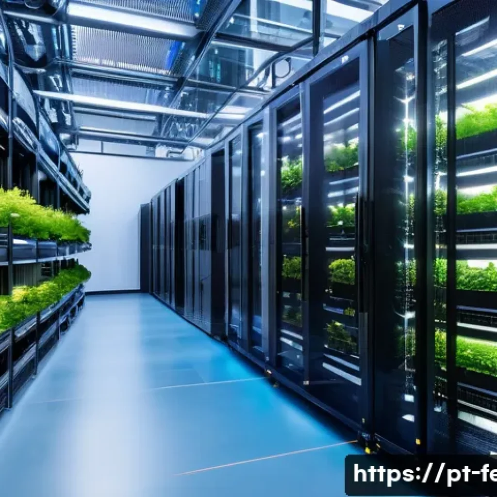 그린 IT 기술 - A modern data center interior showcasing sustainable technology: sleek server racks with LED lightin...
