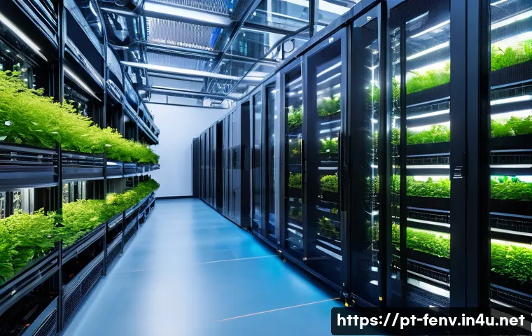 그린 IT 기술 - A modern data center interior showcasing sustainable technology: sleek server racks with LED lightin...