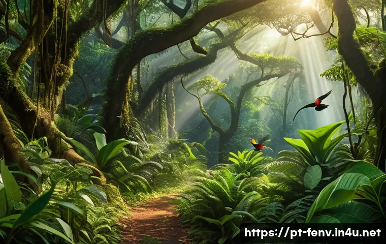 환경 보호를 위한 생물학적 연구 - A vibrant, detailed scene of a lush Brazilian Atlantic Forest with an ecological corridor connecting...