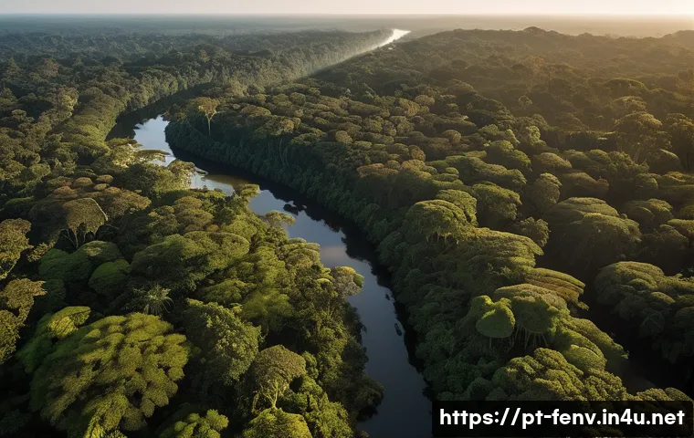 인공지능 기반 환경 분석 - A detailed aerial view of the Amazon rainforest in Brazil at dawn, featuring advanced AI-powered dro...