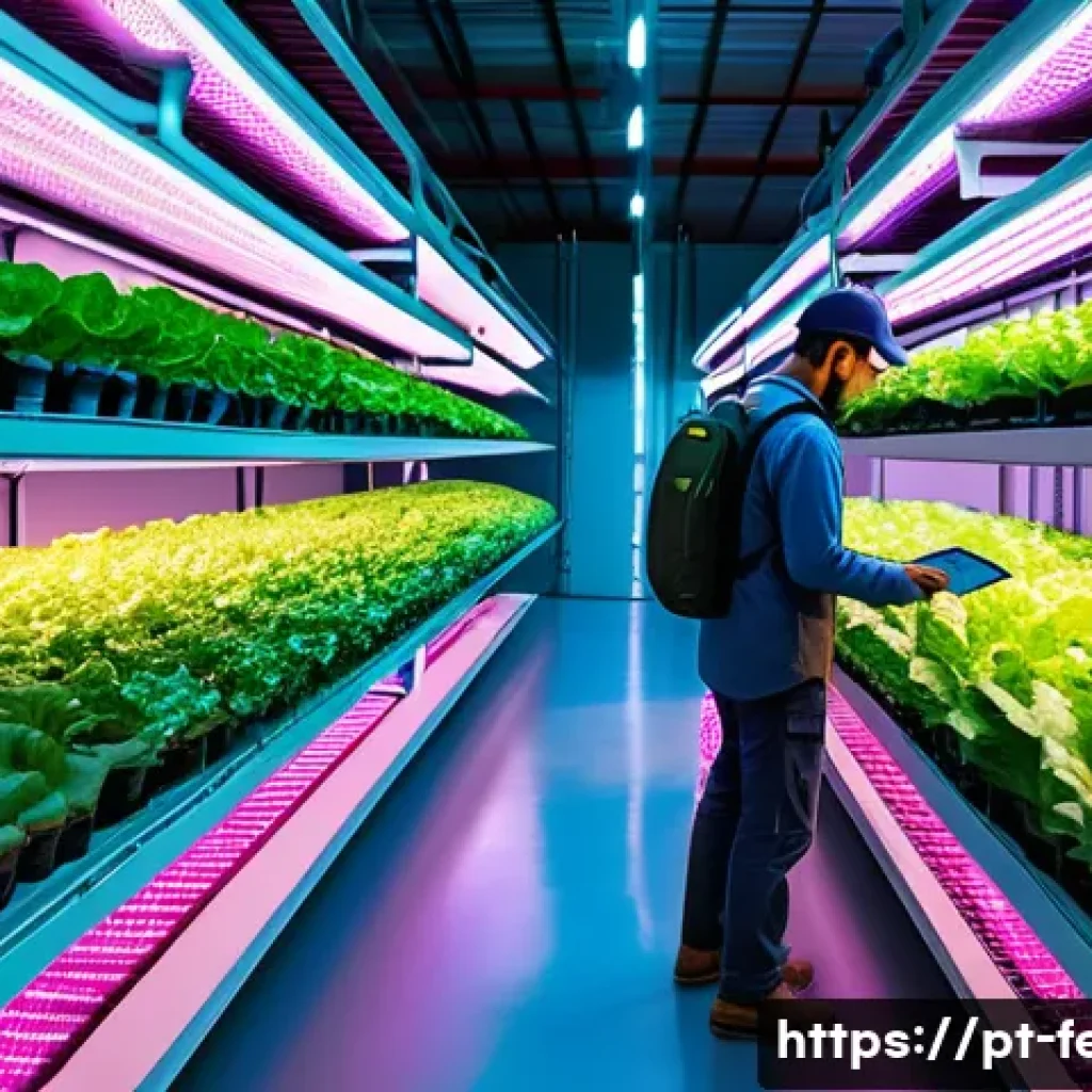 식물 공장 기술 - A modern urban vertical farm inside a spacious industrial warehouse in São Paulo, Brazil, featuring ...