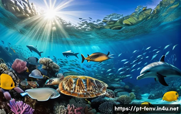 해양 환경 보호 - A vibrant underwater scene showcasing a diverse marine ecosystem in the Atlantic Ocean near Brazil, ...