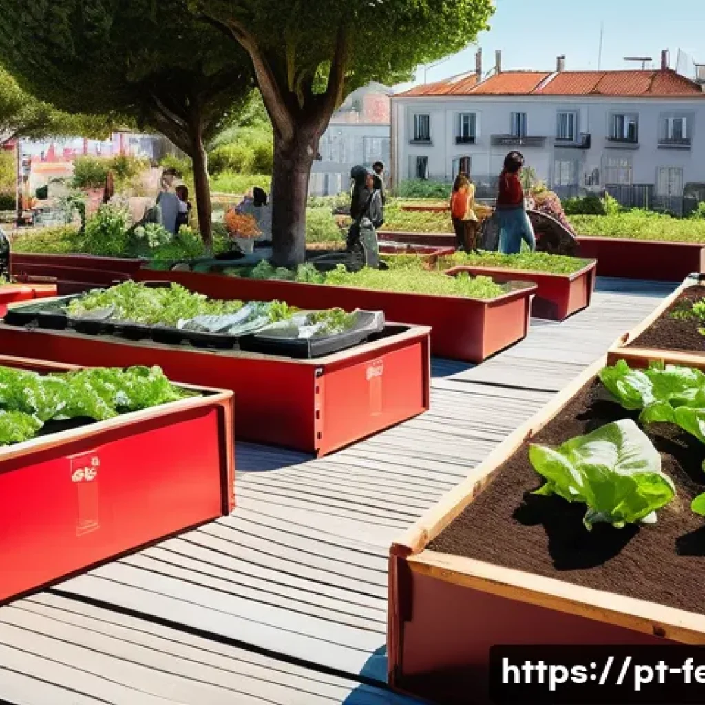 사회적 기업과 환경 보호 - A vibrant urban community garden in Lisbon, featuring diverse people of various ages actively engage...