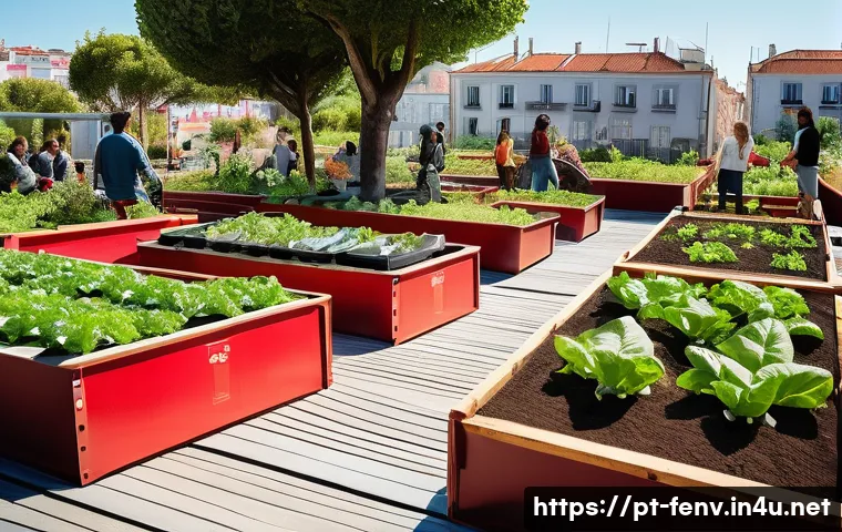 사회적 기업과 환경 보호 - A vibrant urban community garden in Lisbon, featuring diverse people of various ages actively engage...