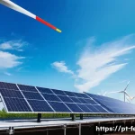 Home 22 탄소 배출 감소를 위한 기업의 노력 - A modern industrial factory rooftop covered with large, sleek solar panels under a bright blue sky, ...