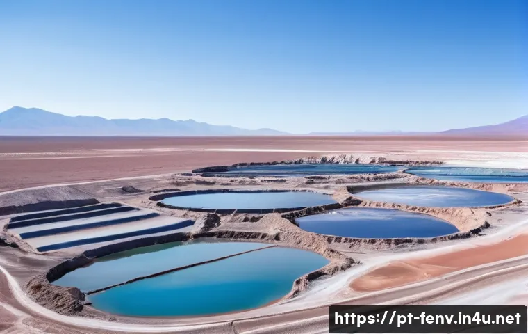 리튬 배터리와 환경 - A panoramic view of a lithium mining site in the Atacama Desert, Chile, showing expansive salt flats...