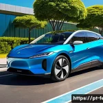 Home 20 친환경 자동차 기술 - A modern electric car charging at a sleek public fast-charging station in a vibrant Brazilian urban ...