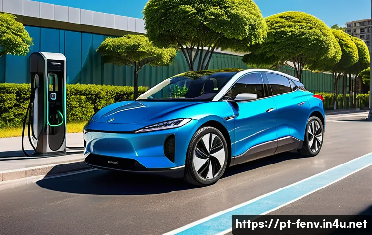 친환경 자동차 기술 - A modern electric car charging at a sleek public fast-charging station in a vibrant Brazilian urban ...