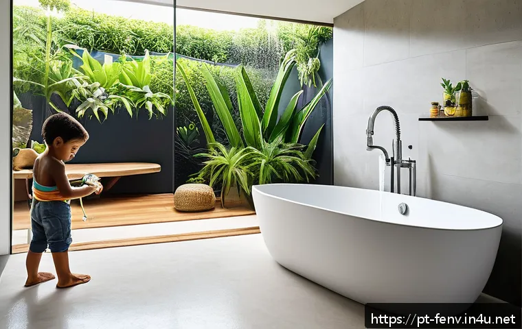 지속 가능한 수자원 관리 - A detailed scene of a modern Brazilian household bathroom emphasizing water-saving habits: a family ...