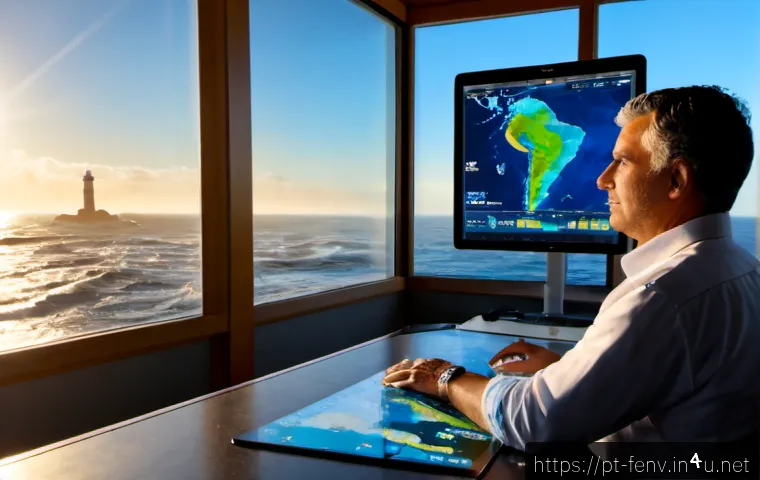Home 17 기후 변화 예측 - Photorealistic coastal climate forecasting scene in Portugal, a middle-aged Portuguese meteorologist...