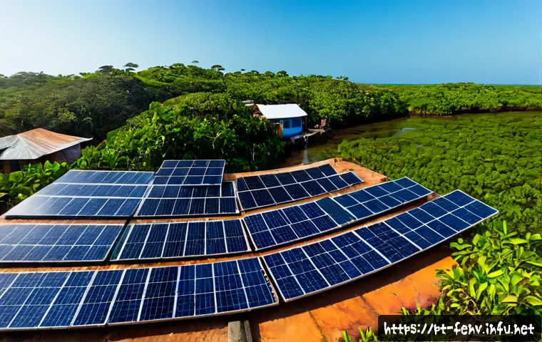 전 세계 환경 변화에 대한 대응 전략 - Photorealistic wide-angle view of a Brazilian coastal community adapting to climate change, solar pa...